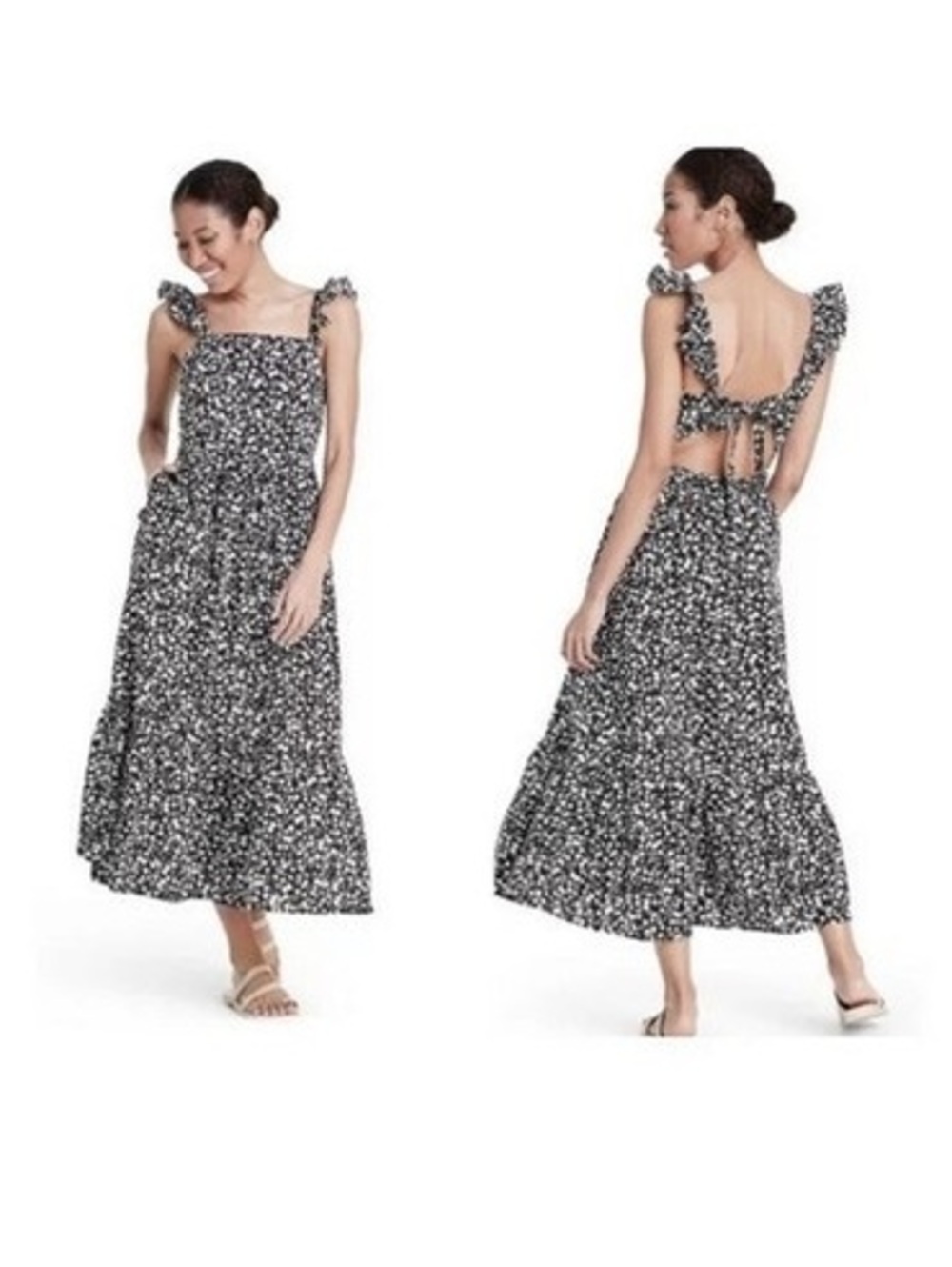 RIXO for Target Floral Ruffle Strap Midi Dress Black White Size 16